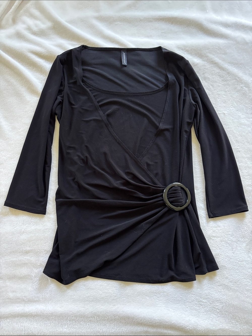 Women’s Black Wrap Tunic with Decorative Ring